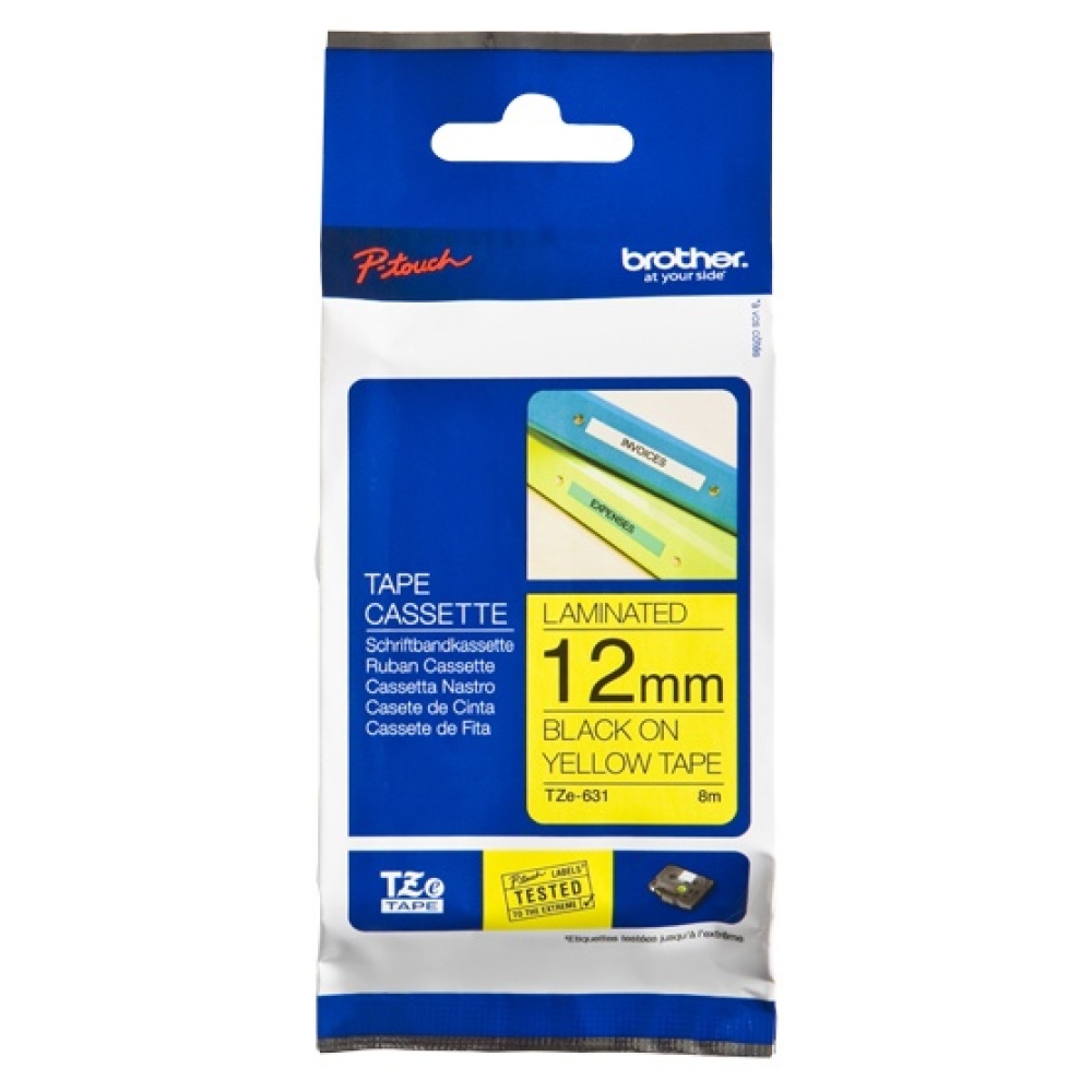Cinta Brother TZE631 Negro en Amarillo, 12mm x 8m SKU: TZE631
