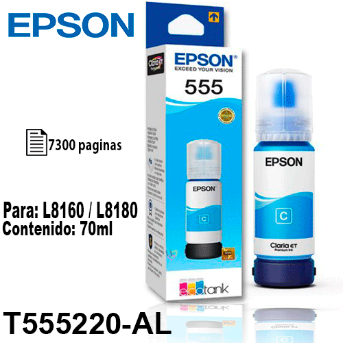 TINTA EPSON T555 CYAN T555220 AL PARA L8160 - BOTELLA EPSON T555220-AL CYAN P/L8160/L8180