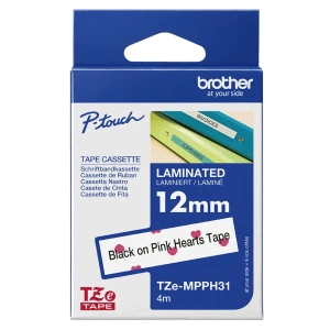 Cinta laminada Brother TZe-MPPH31 de 12mm con diseño de corazones rosas para rotuladoras P-Touch, mate y resistente, disponible en Comeros.