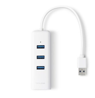 Adaptador de red TP-Link UE330 mostrando sus puertos USB 3.0 y conector Ethernet. y